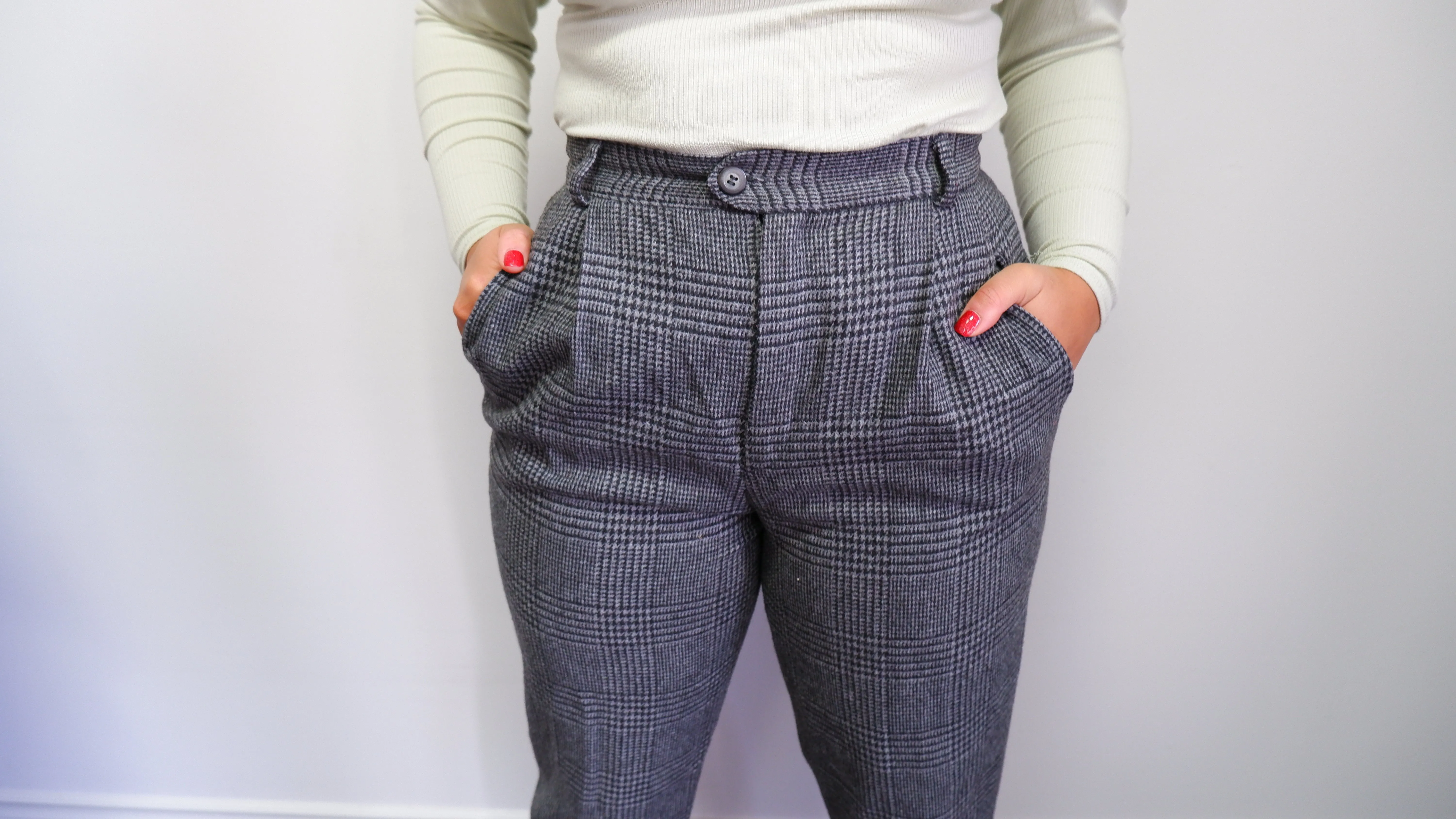 90s Houndstooth Plaid Wool Blend Trousers - 6/8