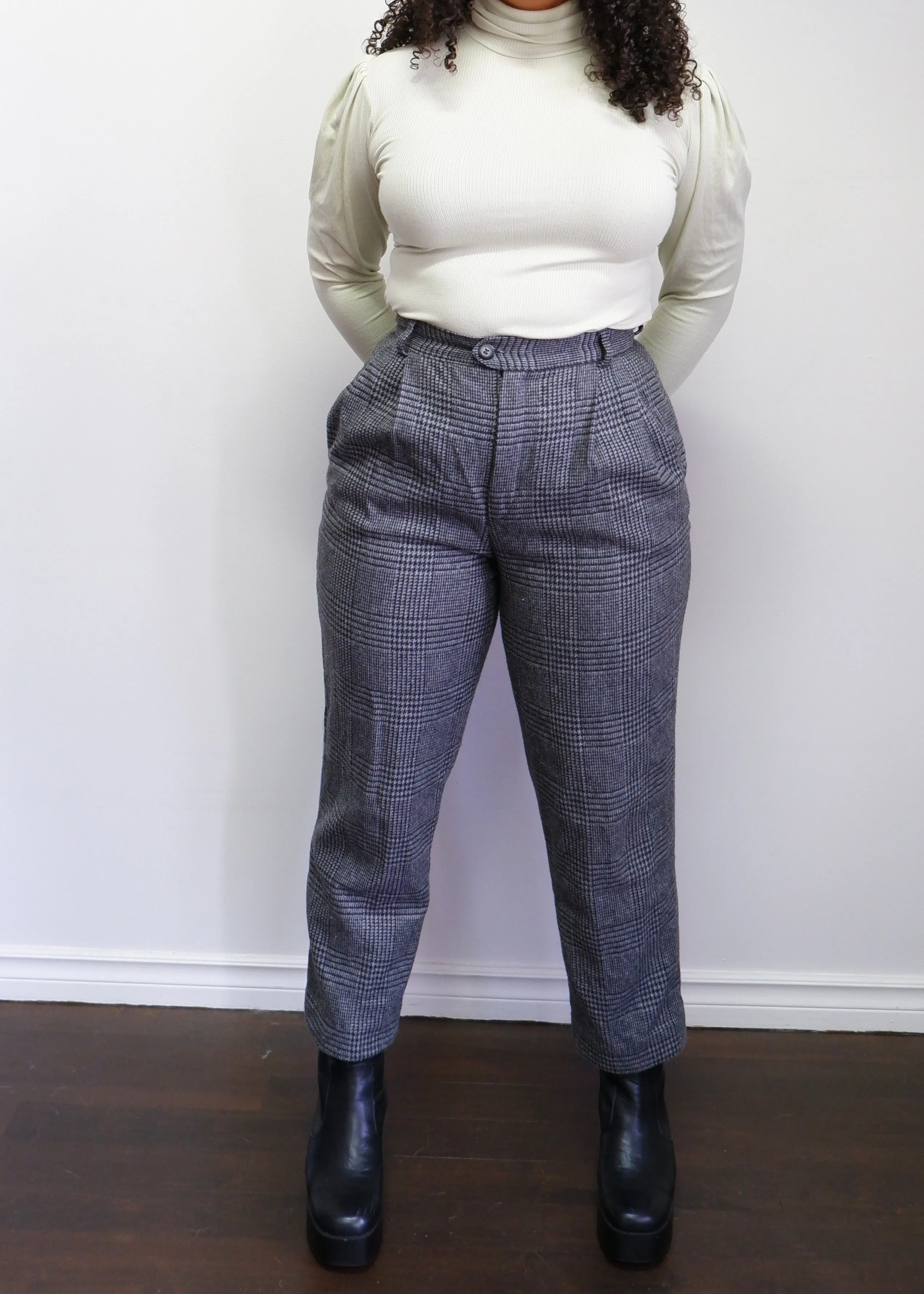 90s Houndstooth Plaid Wool Blend Trousers - 6/8