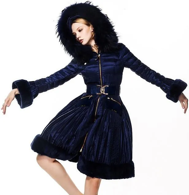 Belted Fur-Trimmed Pleated Down Coat in Blue