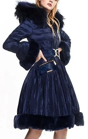 Belted Fur-Trimmed Pleated Down Coat in Blue
