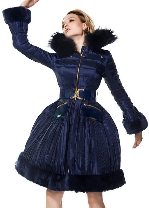 Belted Fur-Trimmed Pleated Down Coat in Blue