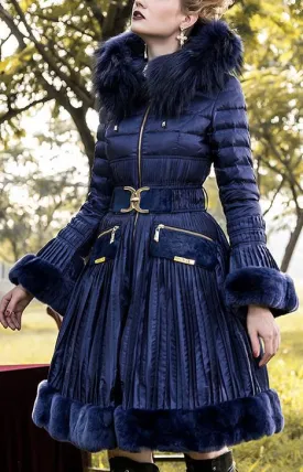 Belted Fur-Trimmed Pleated Down Coat in Blue