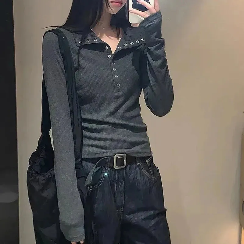 Biyaby Button Up Women's Knitted Sweater Y2K Long Sleeve Slim Fit Pullovers for Women Autumn Winter All Match Bottoming Tops