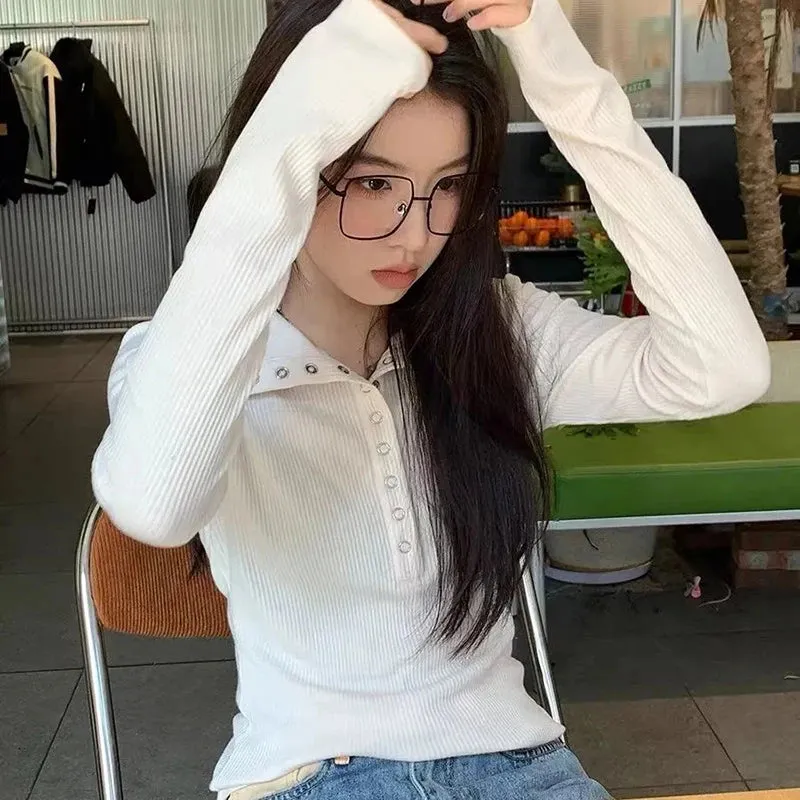 Biyaby Button Up Women's Knitted Sweater Y2K Long Sleeve Slim Fit Pullovers for Women Autumn Winter All Match Bottoming Tops