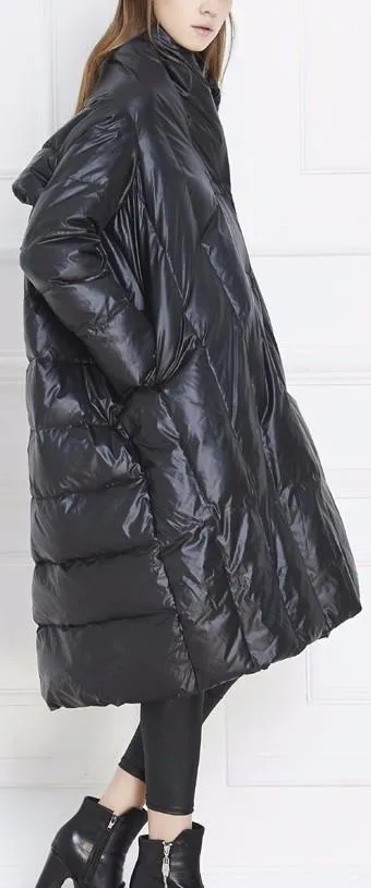 Black Paneled Long Boxy Puffer Down Coat