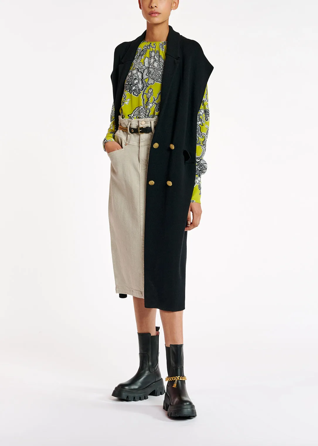 Black sleeveless midi-length cardigan