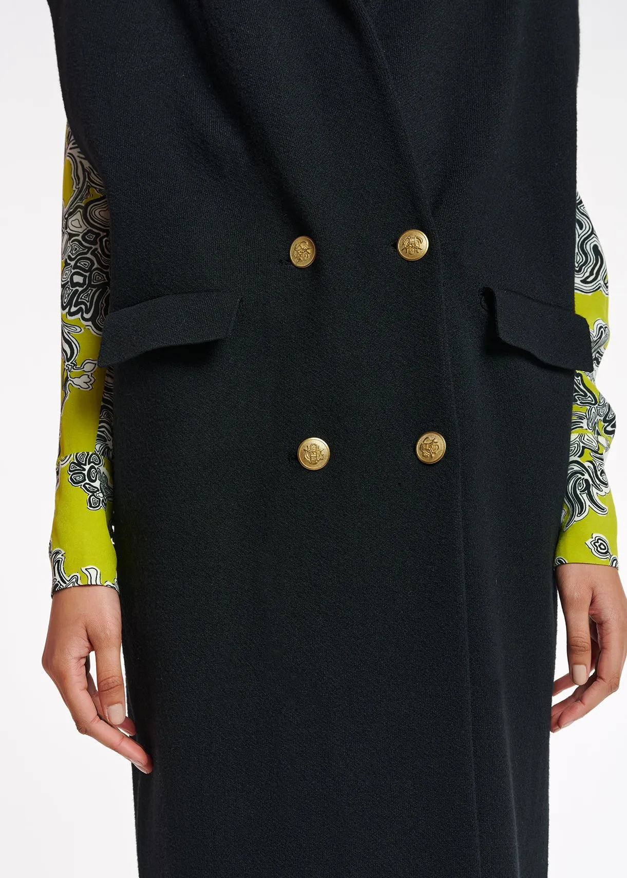 Black sleeveless midi-length cardigan