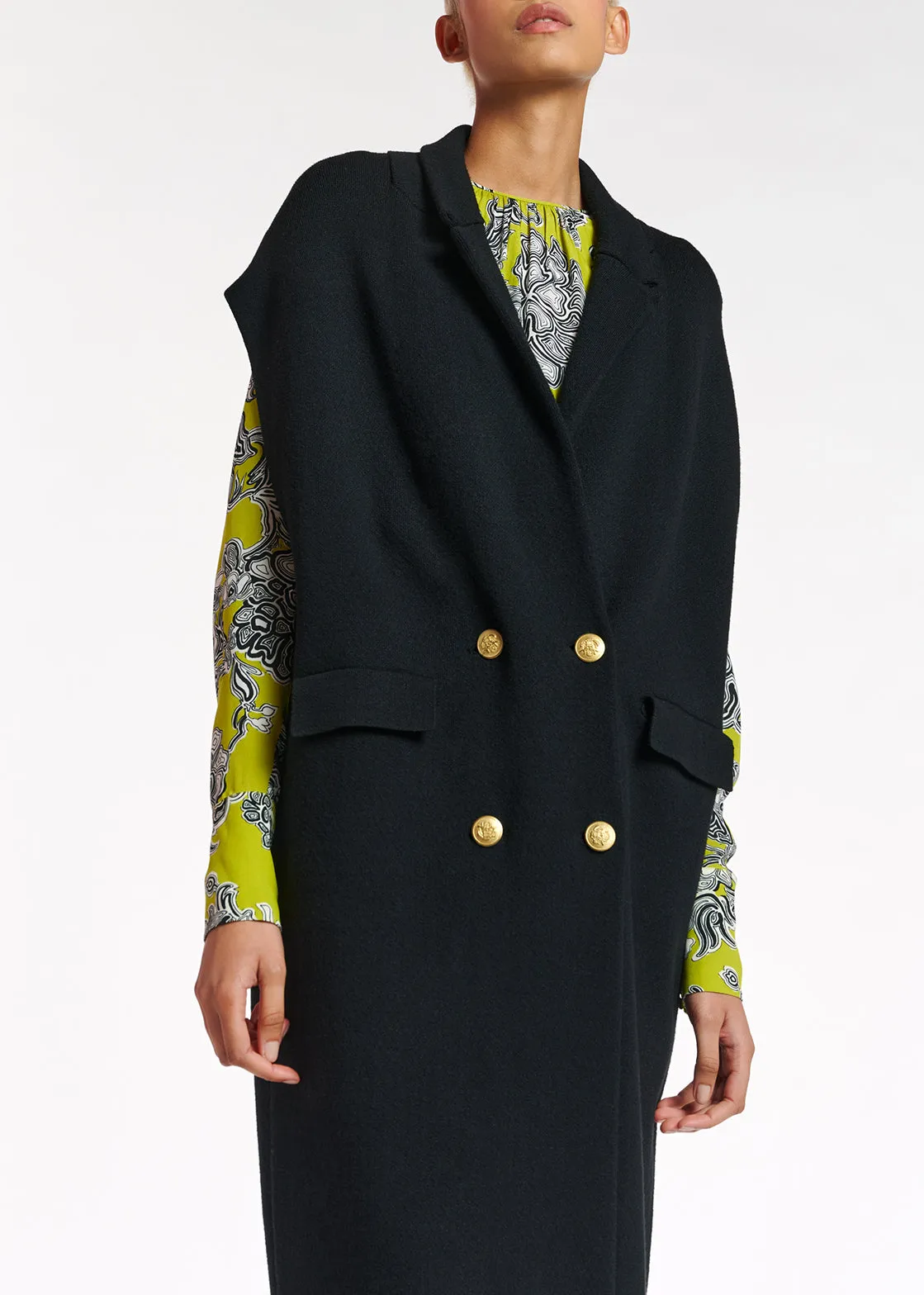 Black sleeveless midi-length cardigan