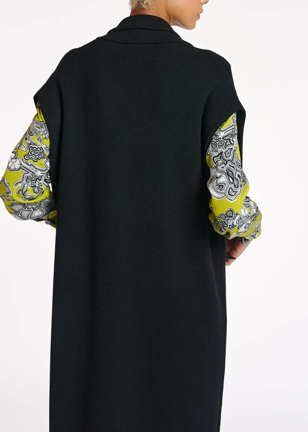 Black sleeveless midi-length cardigan