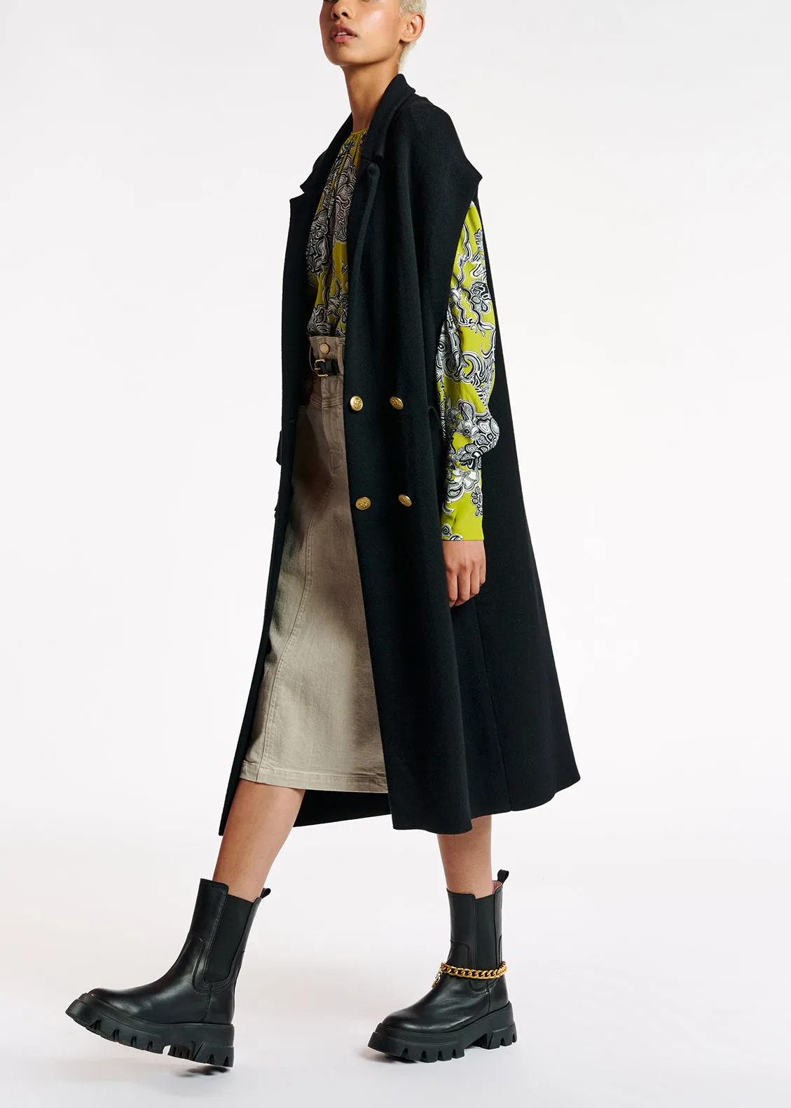Black sleeveless midi-length cardigan