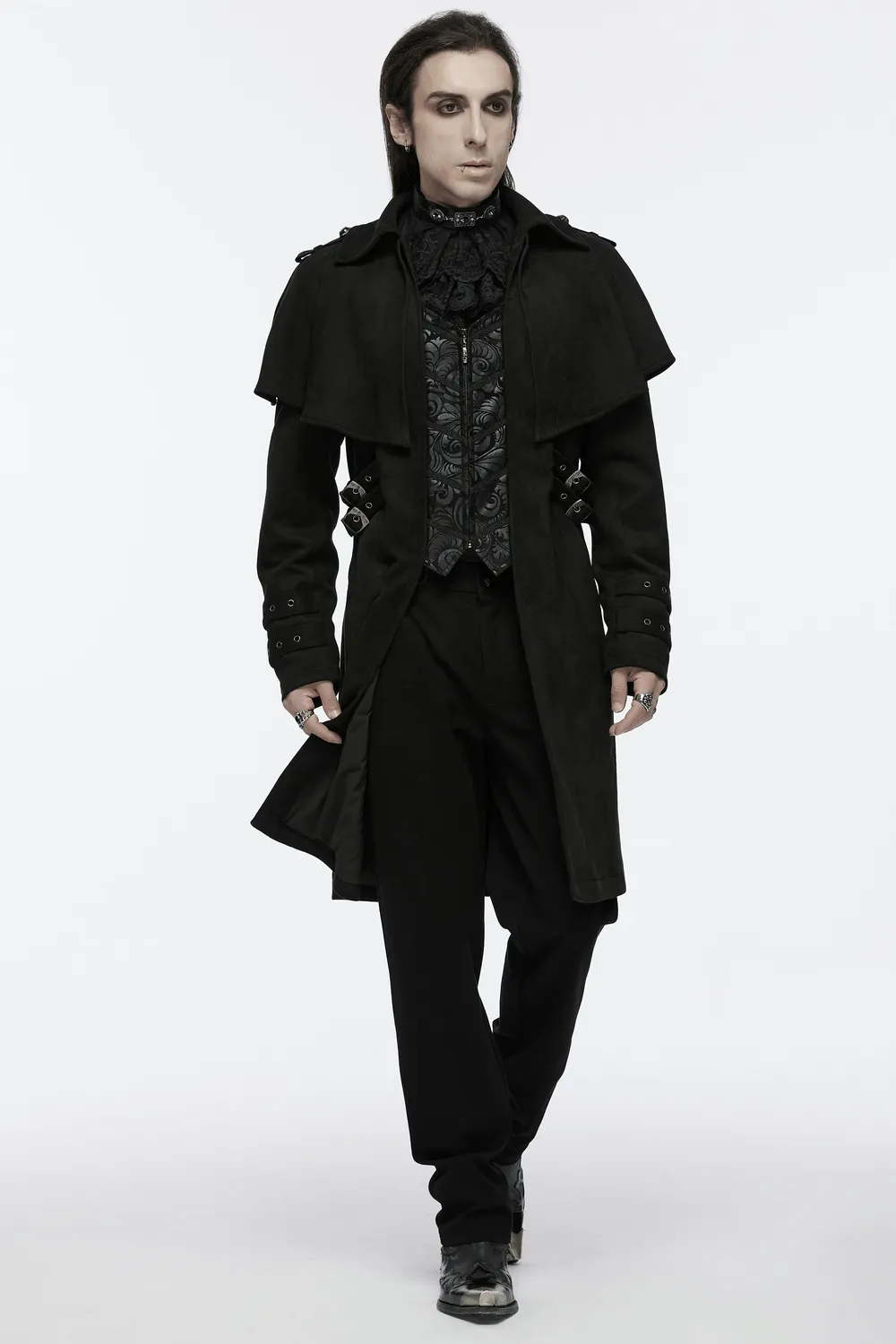 Black Suede Gothic Cape Coat with Decorative Buckles