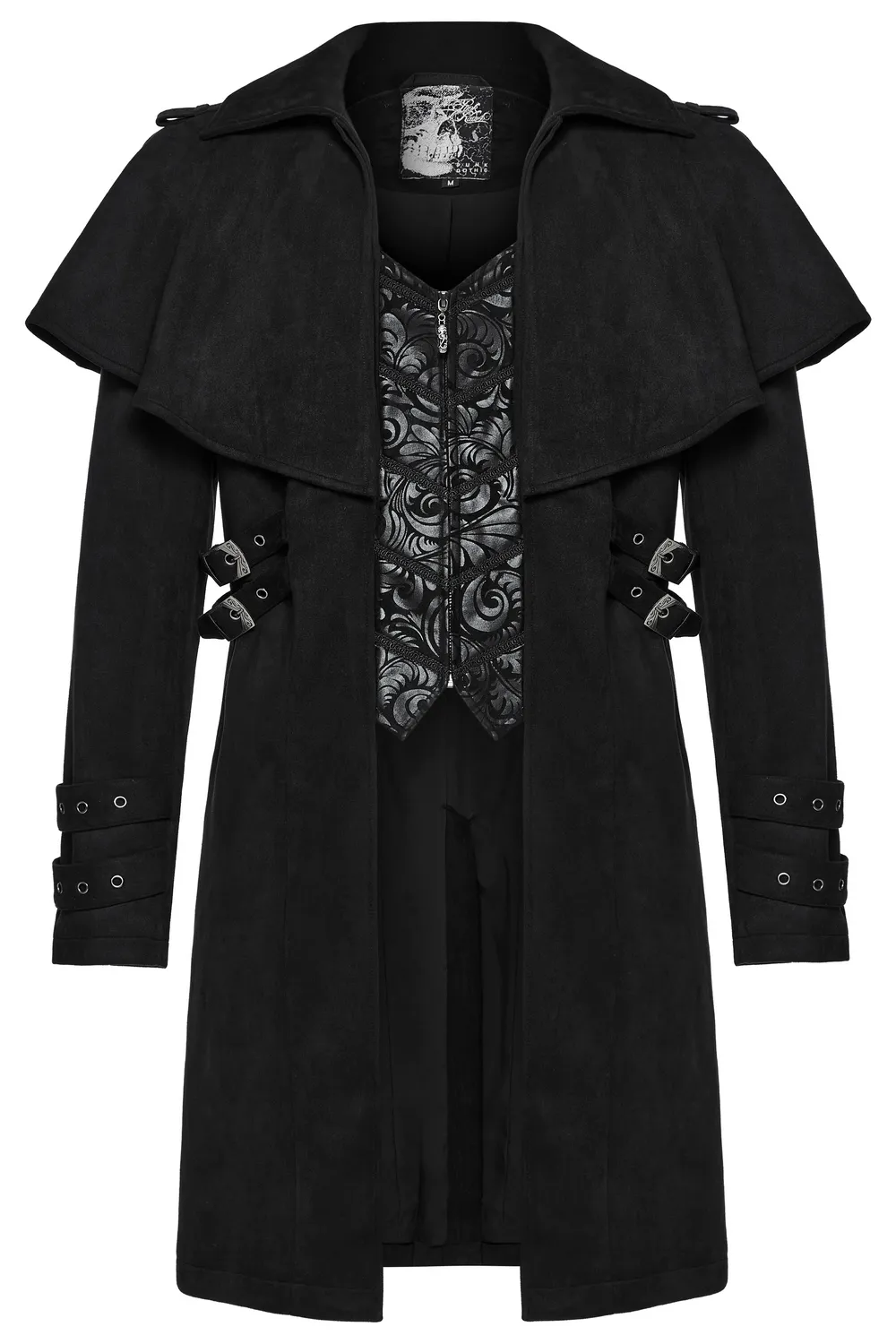 Black Suede Gothic Cape Coat with Decorative Buckles