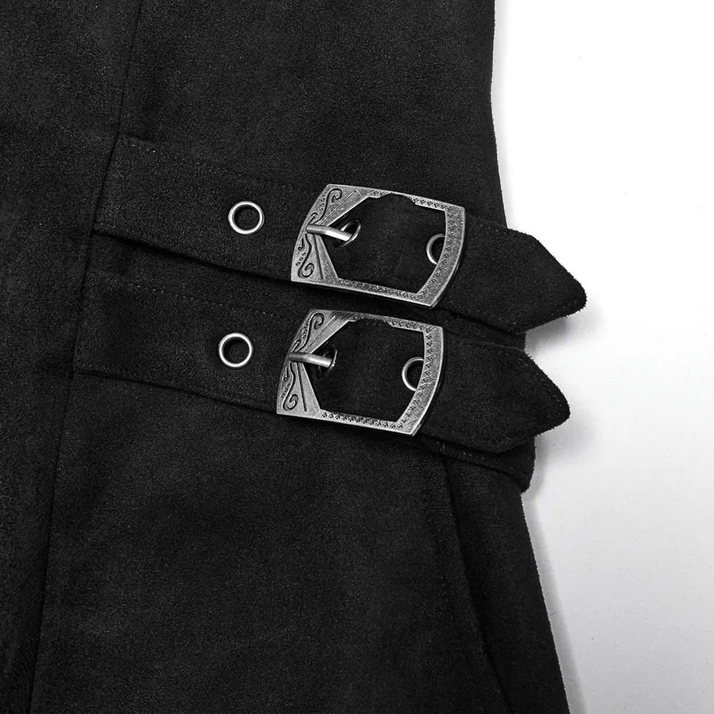 Black Suede Gothic Cape Coat with Decorative Buckles