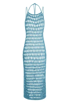 BLUE KNITTED MESH MIDI DRESS