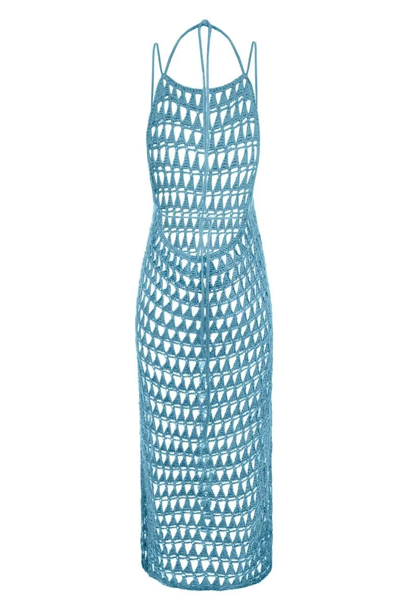 BLUE KNITTED MESH MIDI DRESS