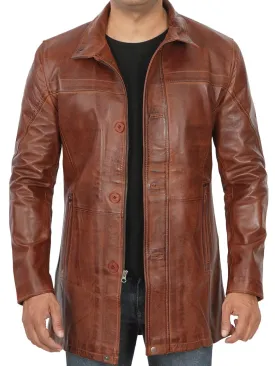 Bristol Men's Vintage Cognac Brown Leather Car Coat