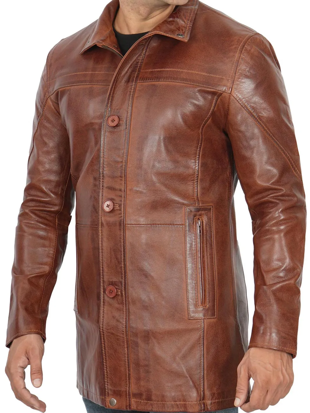 Bristol Men's Vintage Cognac Brown Leather Car Coat