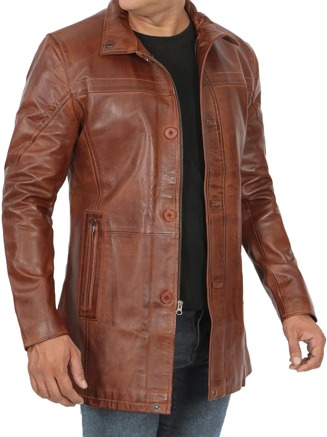 Bristol Men's Vintage Cognac Brown Leather Car Coat