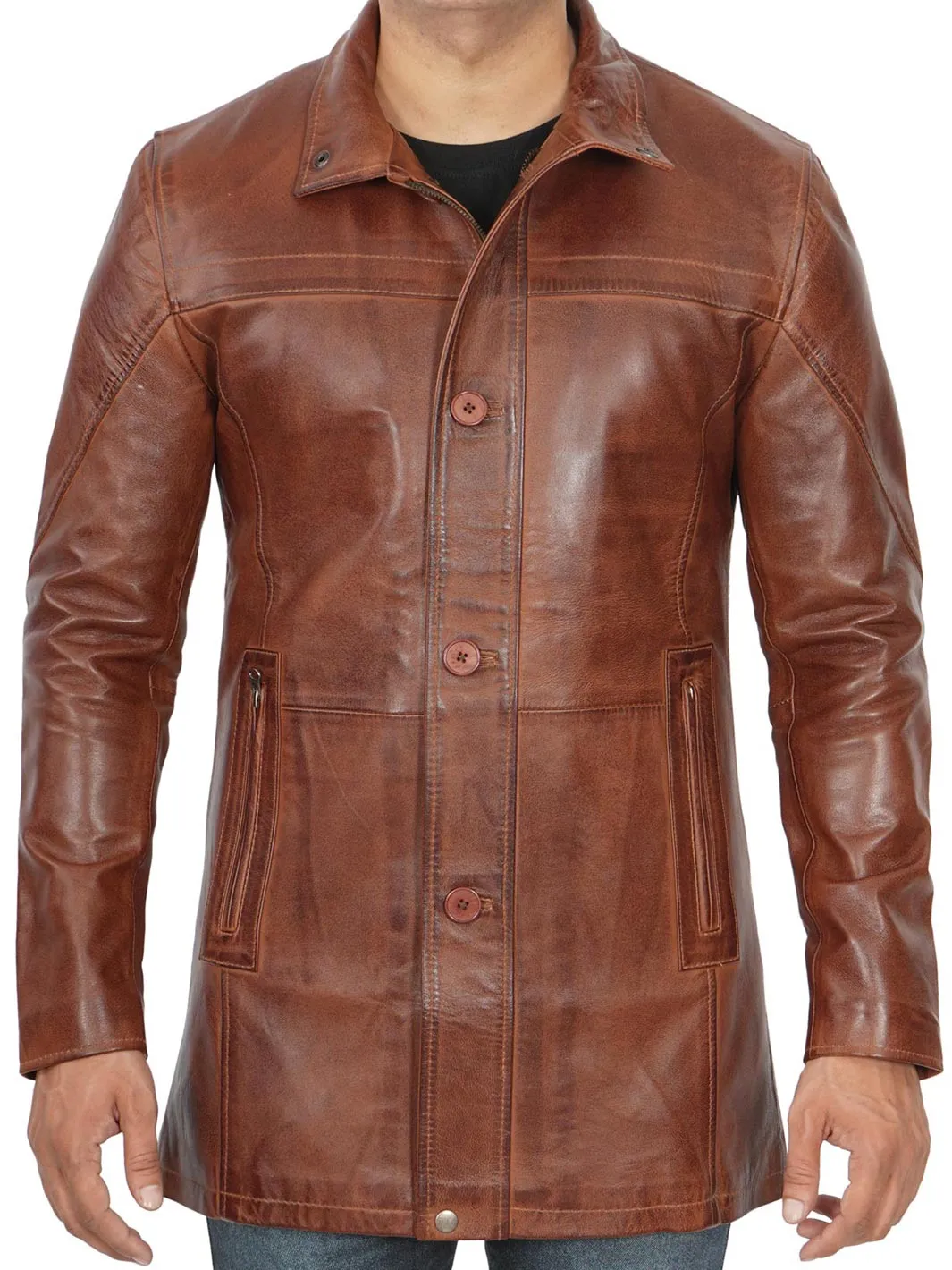 Bristol Men's Vintage Cognac Brown Leather Car Coat