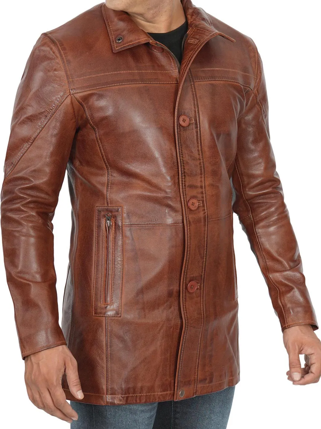 Bristol Men's Vintage Cognac Brown Leather Car Coat