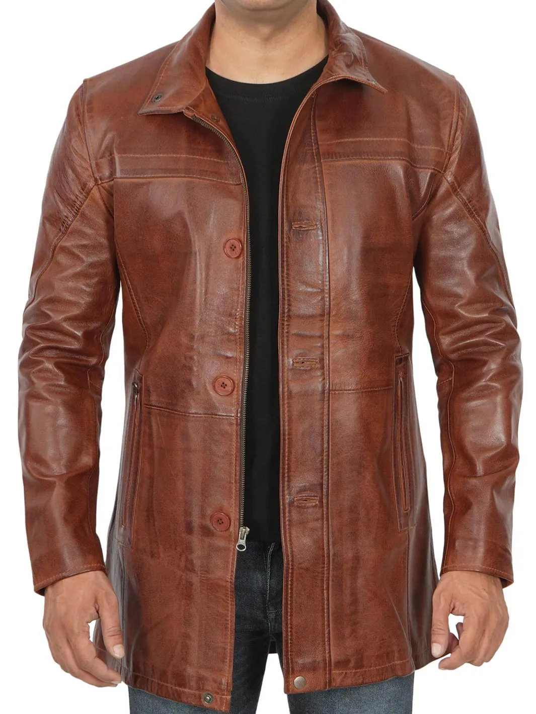 Bristol Men's Vintage Cognac Brown Leather Car Coat