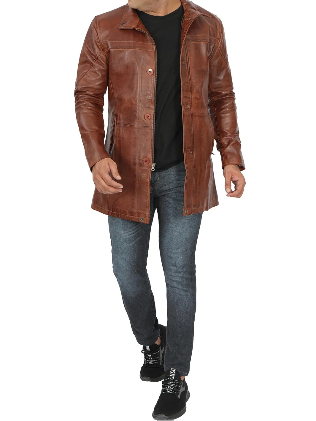 Bristol Men's Vintage Cognac Brown Leather Car Coat