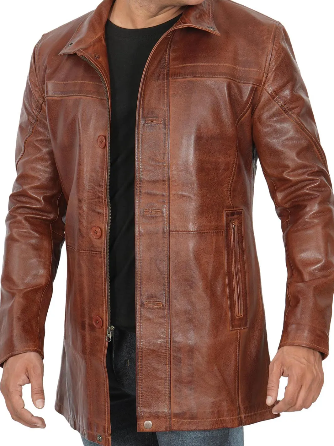 Bristol Men's Vintage Cognac Brown Leather Car Coat