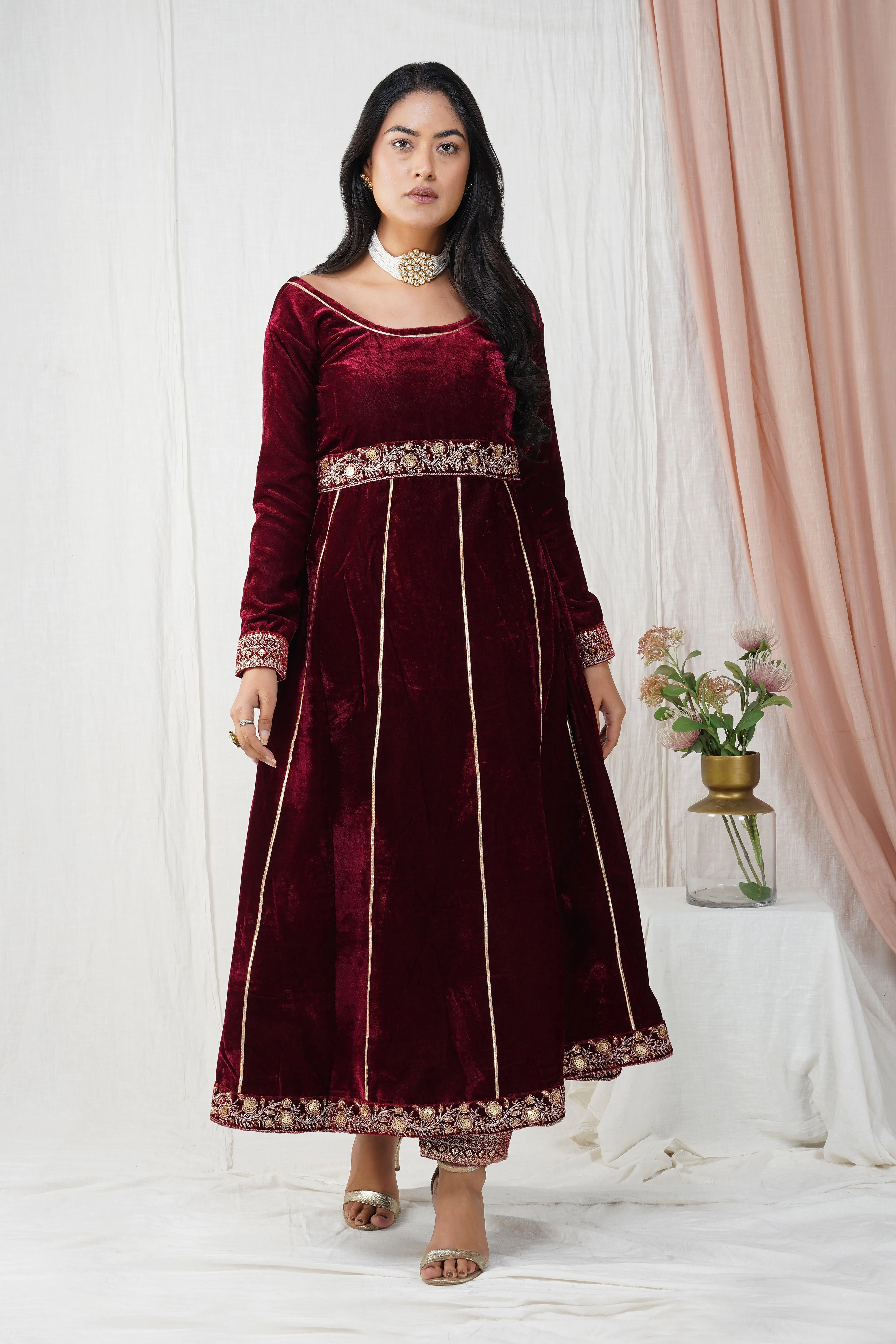 Burgundy Velvet Empress Anarkali Suit