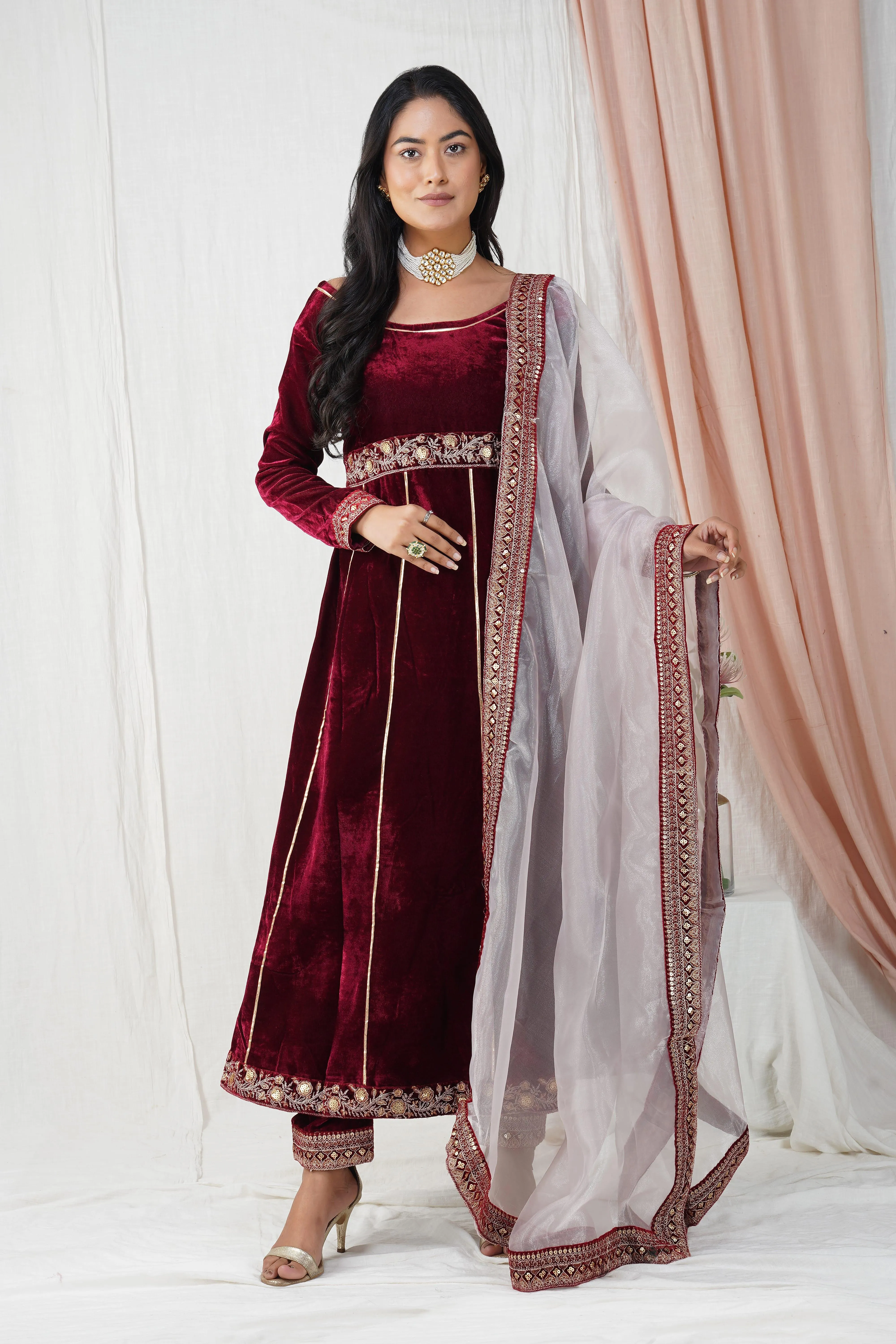 Burgundy Velvet Empress Anarkali Suit