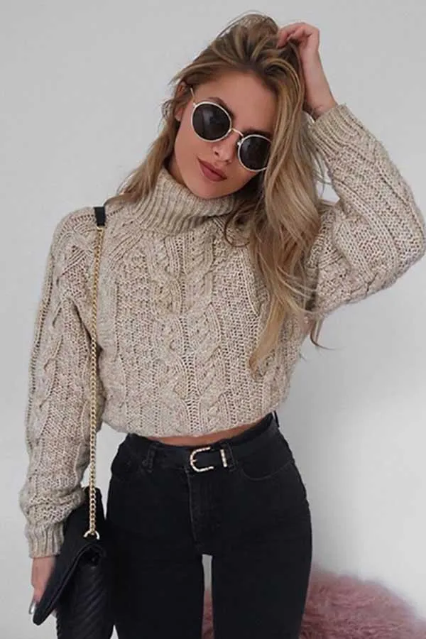 Cable Knit High Neck Crop Sweater