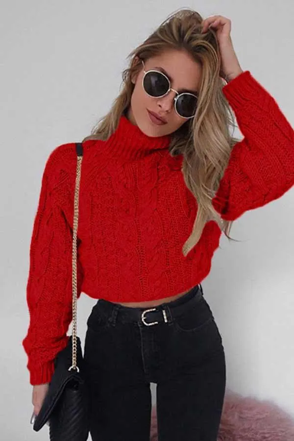 Cable Knit High Neck Crop Sweater