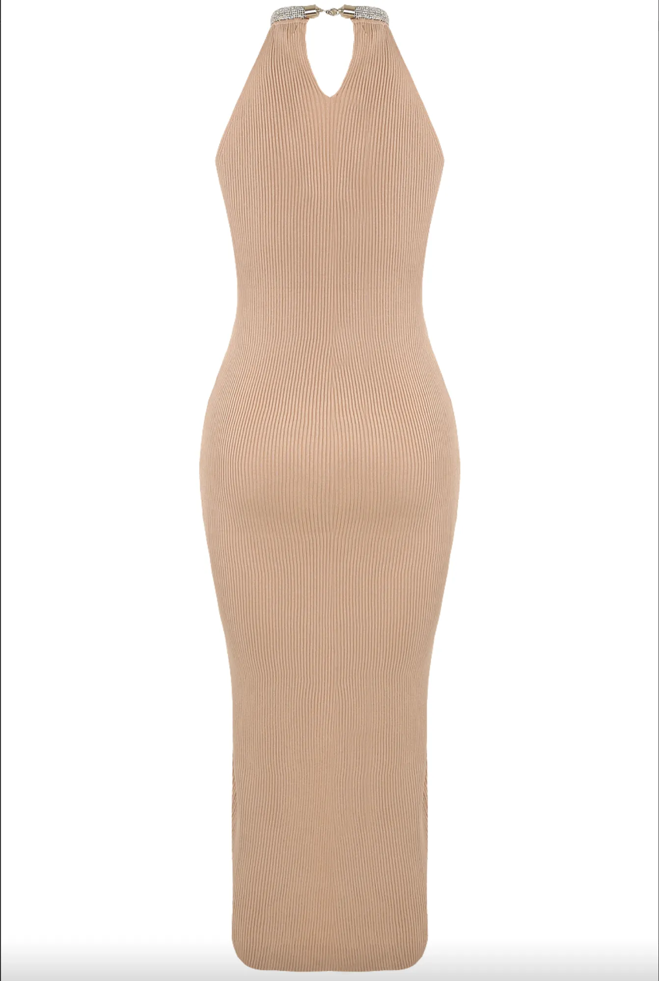 Carrie - Nude High Neck Diamante Trim Thigh Split Knitted Midi Dress