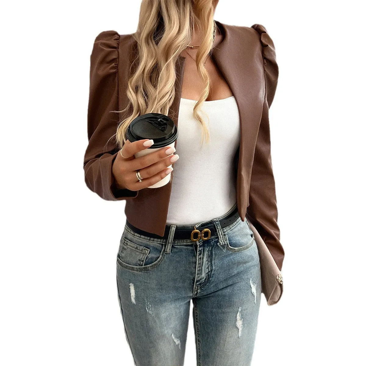 Casual Cardigan Solid Color Cropped Leather Jackets Wholesale Womens Clothing N3824082000004
