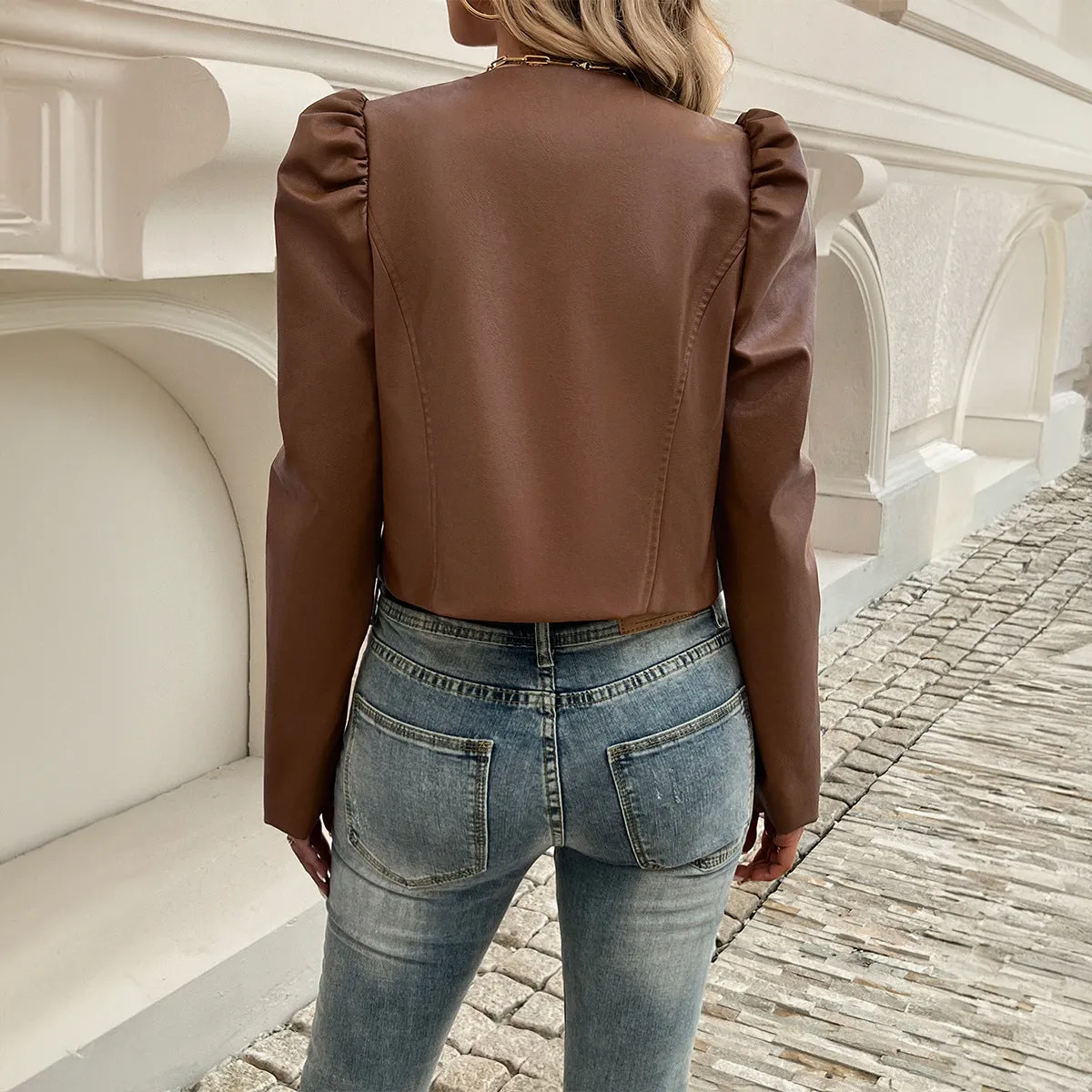 Casual Cardigan Solid Color Cropped Leather Jackets Wholesale Womens Clothing N3824082000004