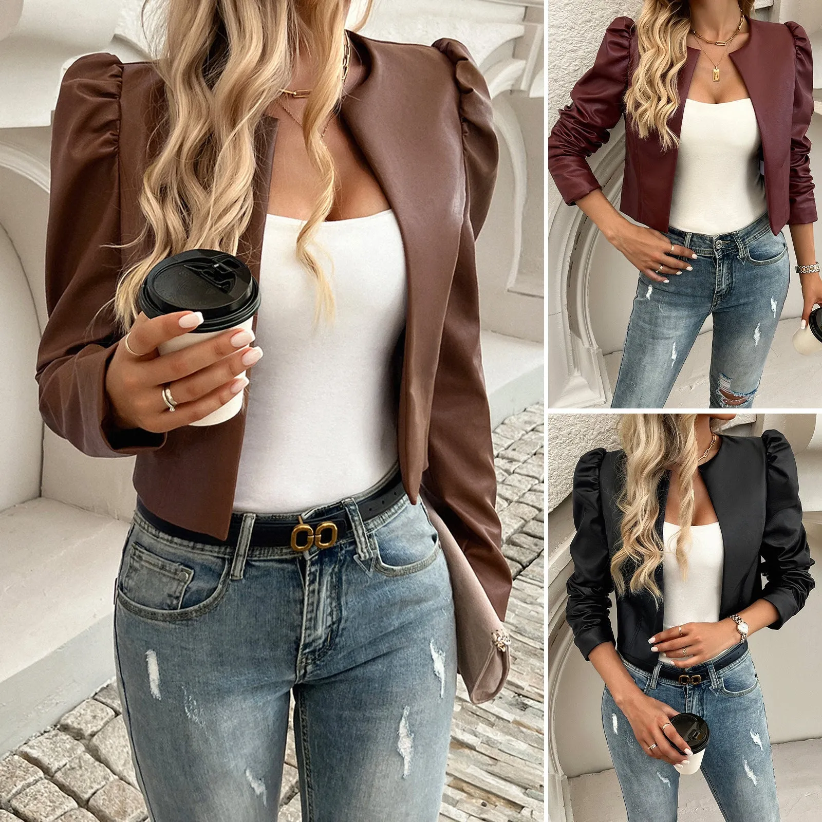 Casual Cardigan Solid Color Cropped Leather Jackets Wholesale Womens Clothing N3824082000004