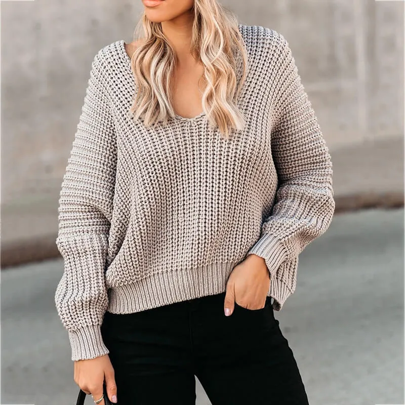 Chunky V Neck Lantern Sleeve Crochet Sweater