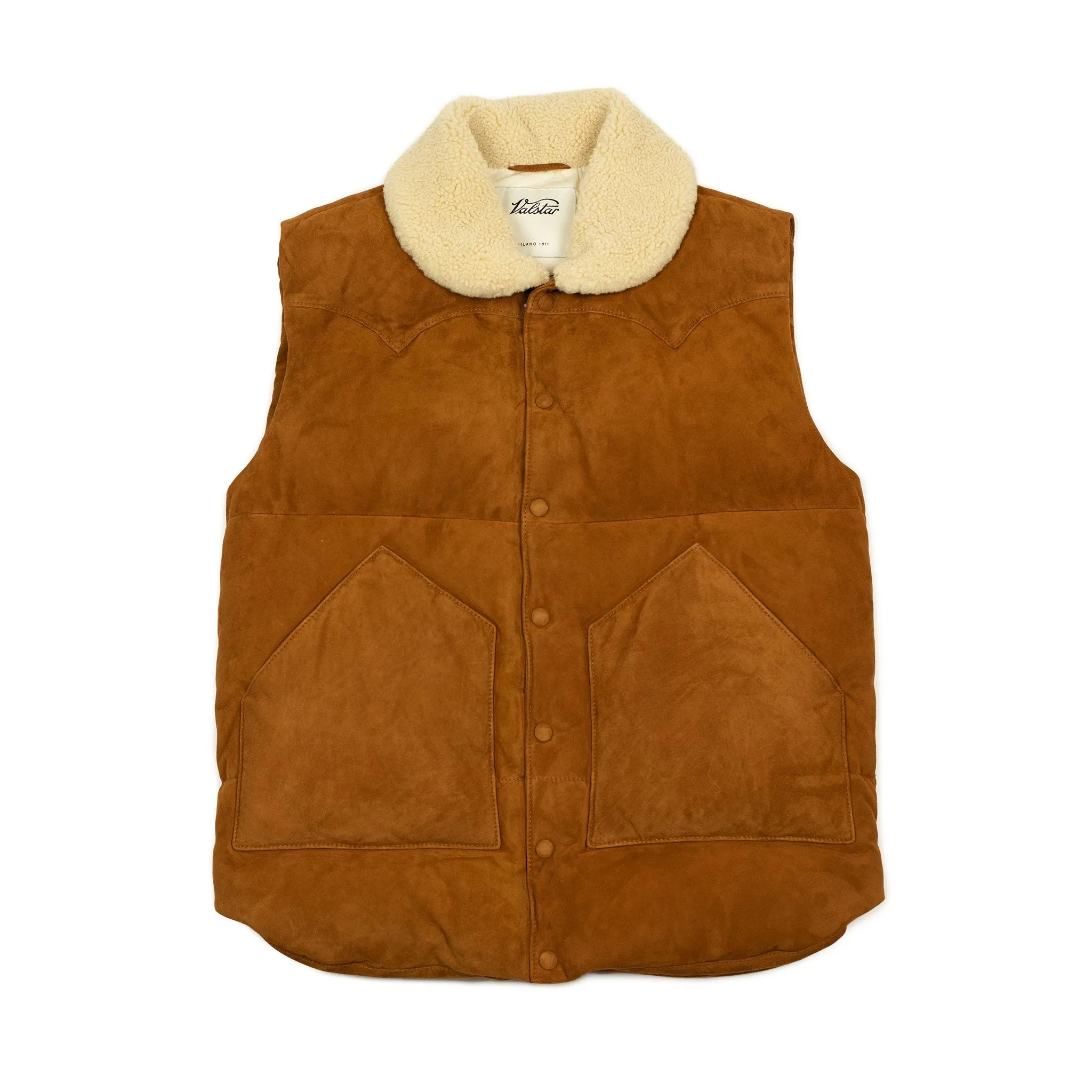 Down-filled vest in tan suede
