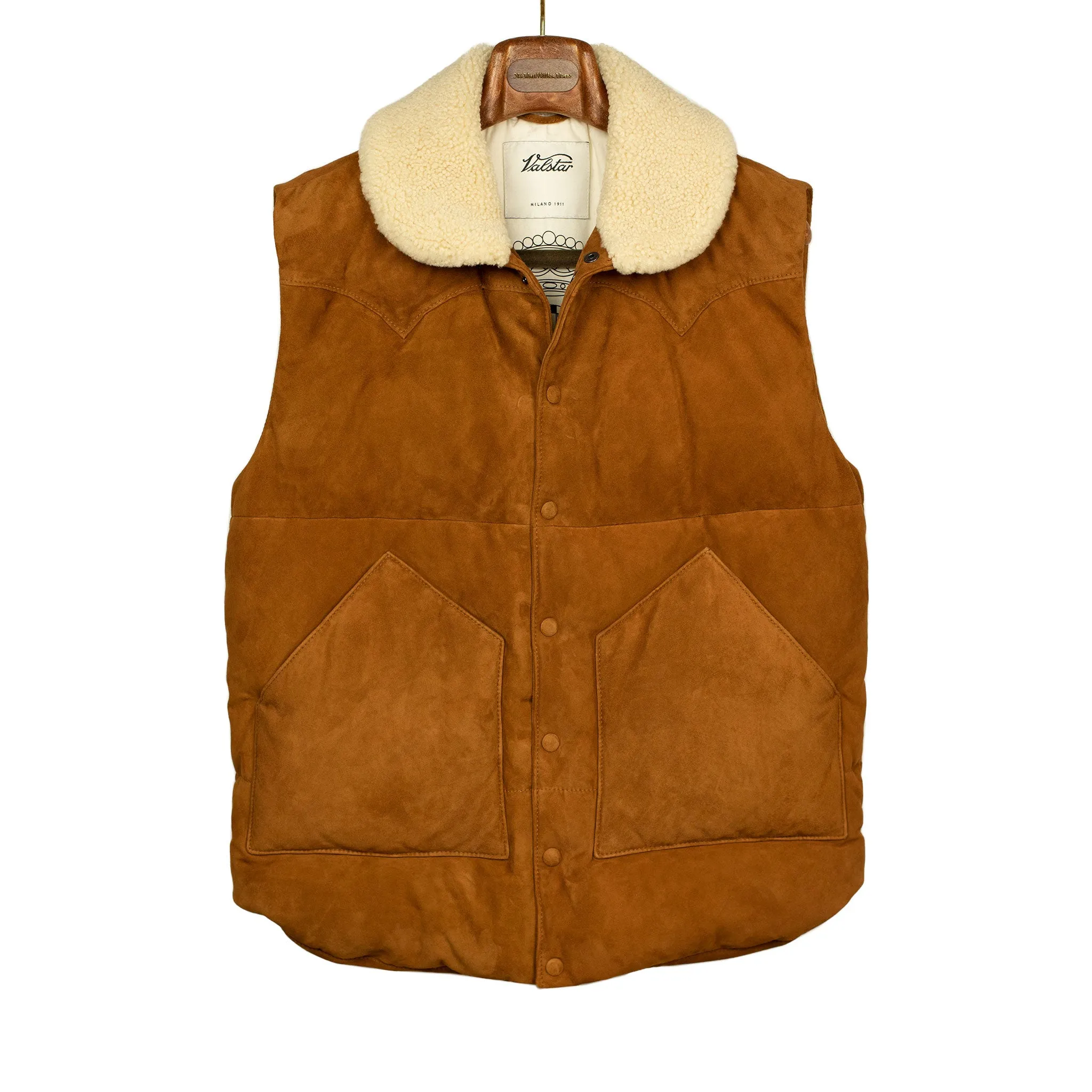 Down-filled vest in tan suede