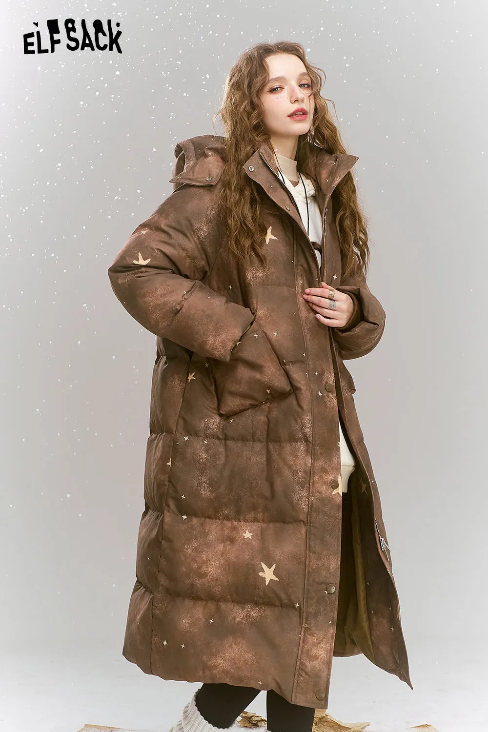ELFSACK 2024 Winter New Arrivals Maillard retro printed long hooded warm down jacket