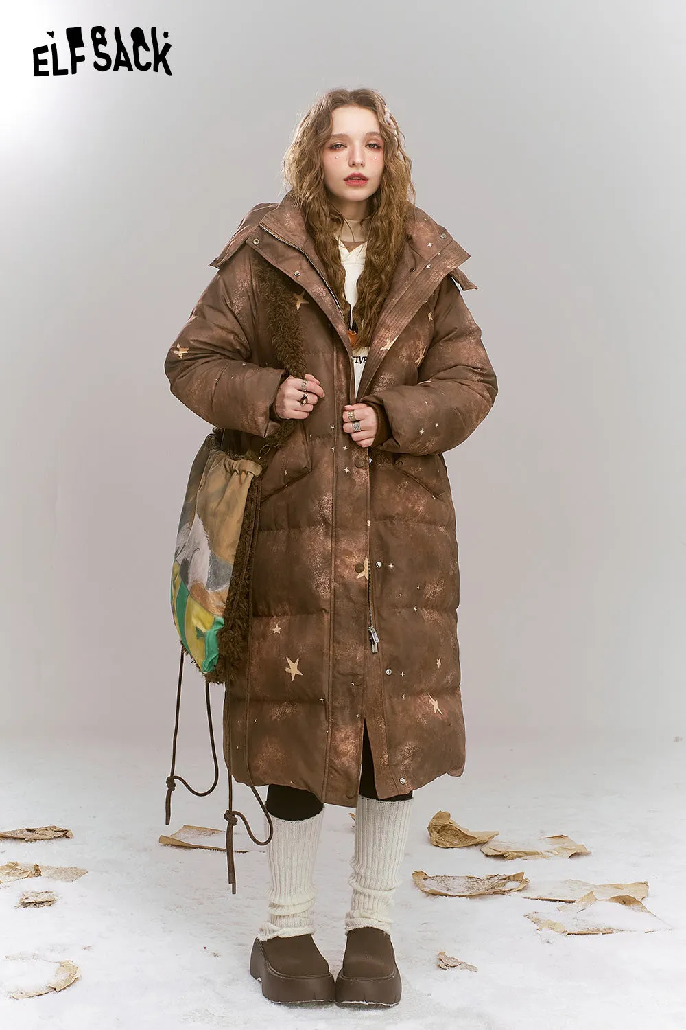 ELFSACK 2024 Winter New Arrivals Maillard retro printed long hooded warm down jacket