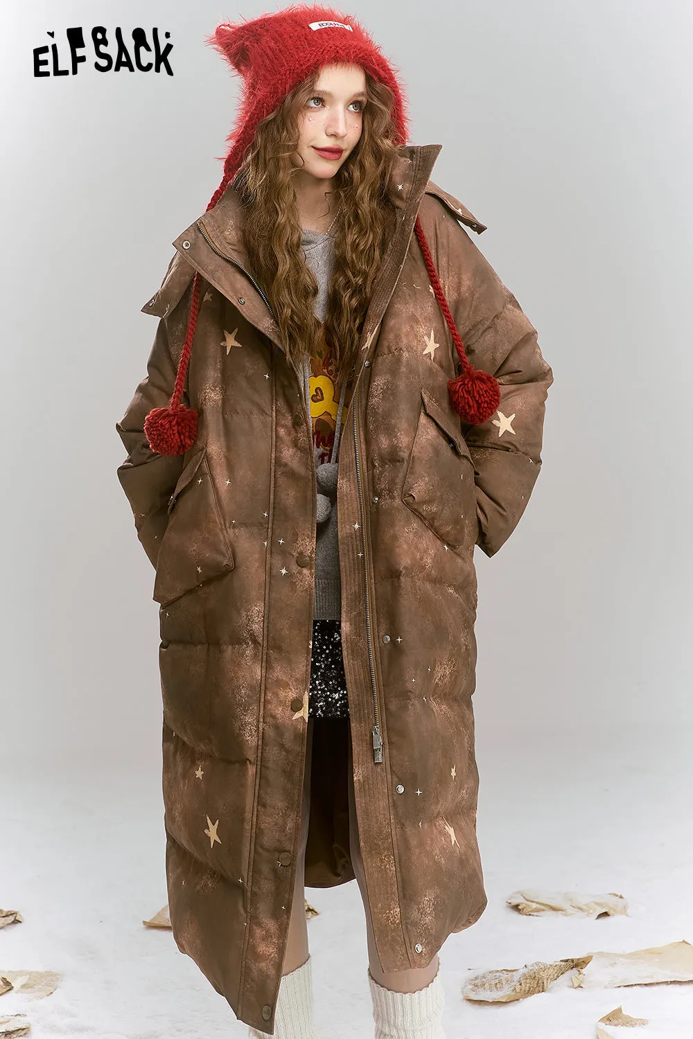 ELFSACK 2024 Winter New Arrivals Maillard retro printed long hooded warm down jacket
