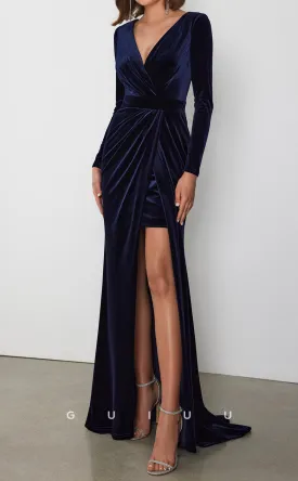 GM211 - Sheath V Neck Long Sleeves Pleated Velvet Cocktail Dress Wedding Guest Dress with Slit and Train