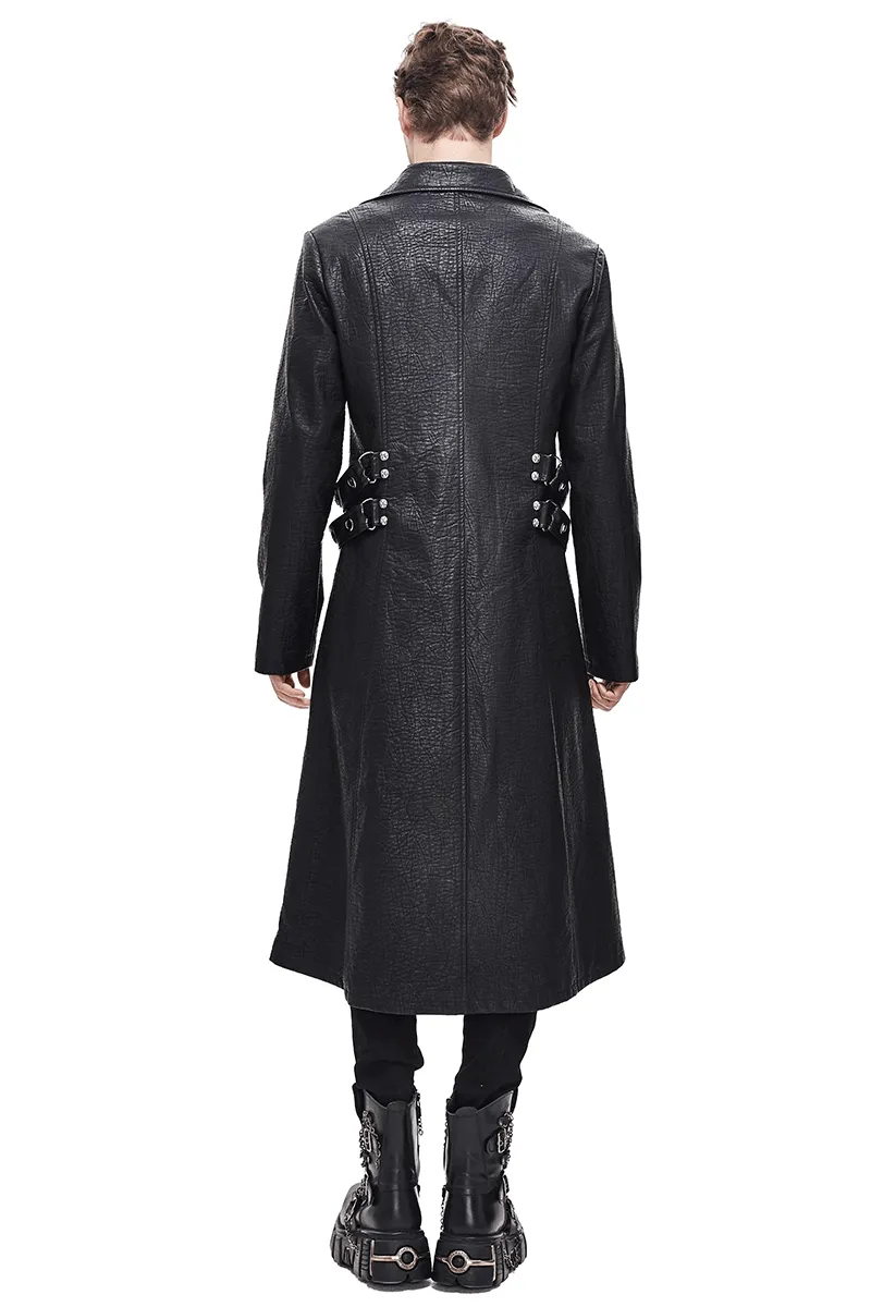 Gothic Black Zipper Leather Coat / Men's Long Coats with Studs and D-rings