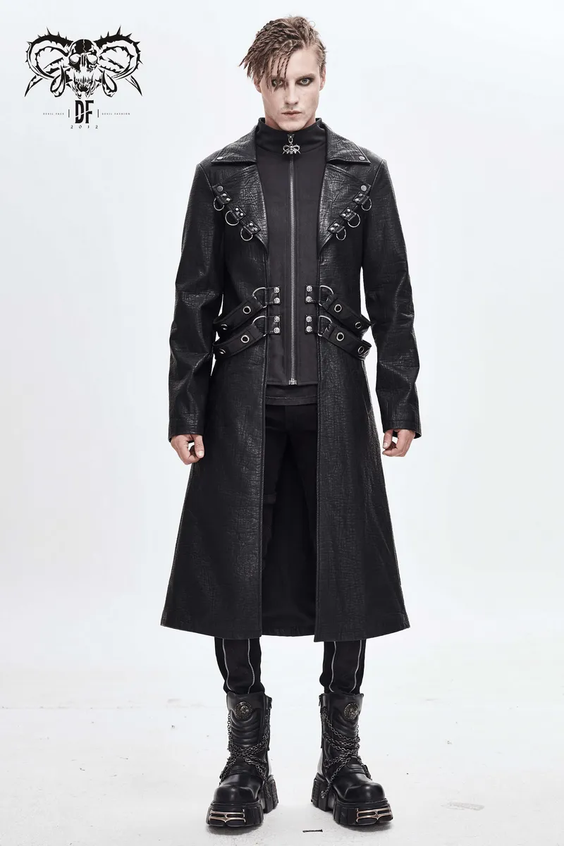 Gothic Black Zipper Leather Coat / Men's Long Coats with Studs and D-rings