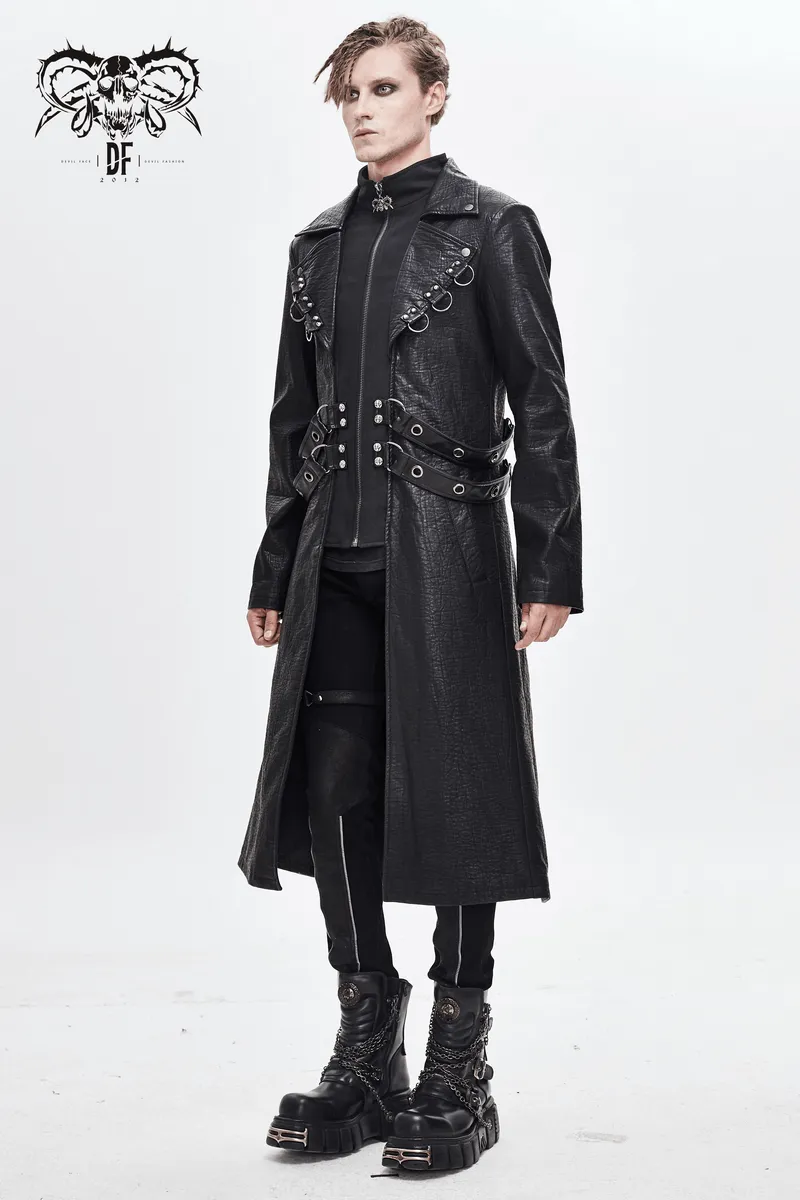 Gothic Black Zipper Leather Coat / Men's Long Coats with Studs and D-rings