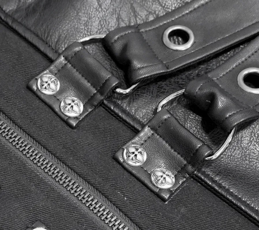 Gothic Black Zipper Leather Coat / Men's Long Coats with Studs and D-rings
