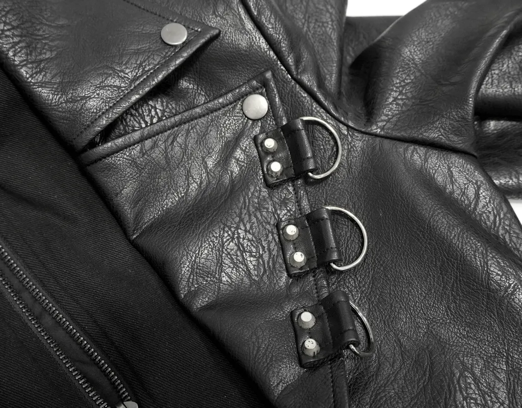 Gothic Black Zipper Leather Coat / Men's Long Coats with Studs and D-rings