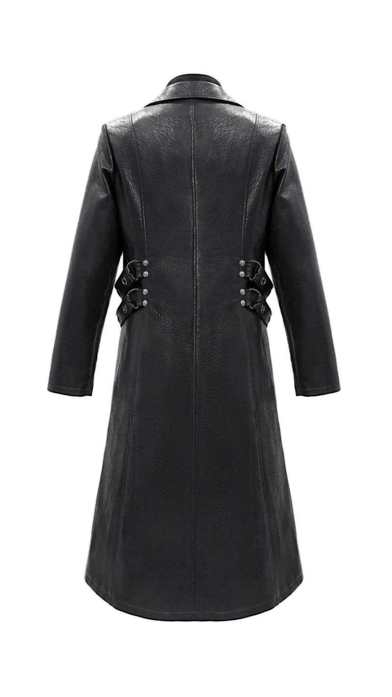Gothic Black Zipper Leather Coat / Men's Long Coats with Studs and D-rings