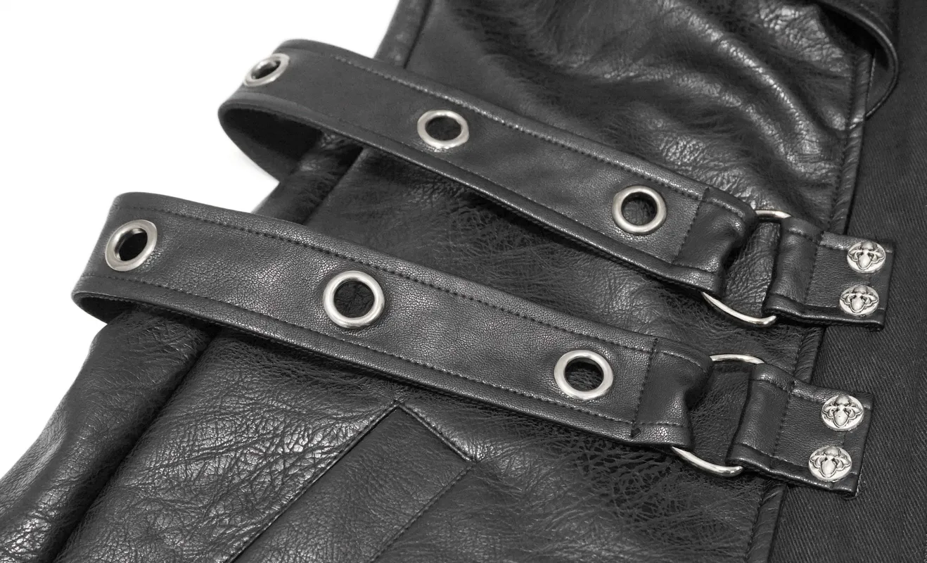 Gothic Black Zipper Leather Coat / Men's Long Coats with Studs and D-rings