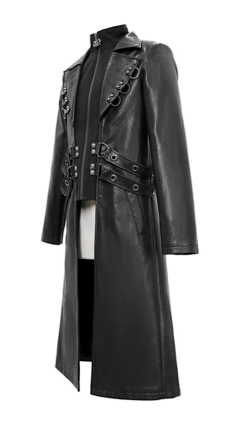 Gothic Black Zipper Leather Coat / Men's Long Coats with Studs and D-rings